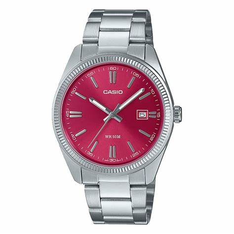 Casio MTP-1302PD-4AVEF Herren Analog Uhr - Edelstahlarmband, Rotes Zifferblatt