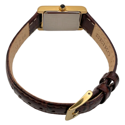 Seiko SWR066P1 Women's Watch – Gold Rectangular Case, Brown Leather Strap