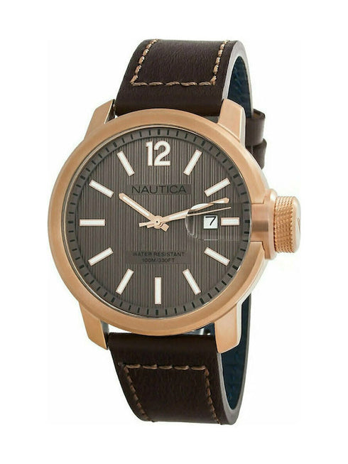 Nautica NAPSYD005 Men's Quartz Watch - Brown Dial, Rose Gold-Tone Case, Brown Leather Strap