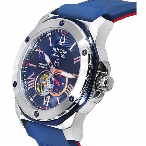 Bulova Marine Star 98A282 Men's Automatic Watch – Blue Dial, Blue Silicone Strap