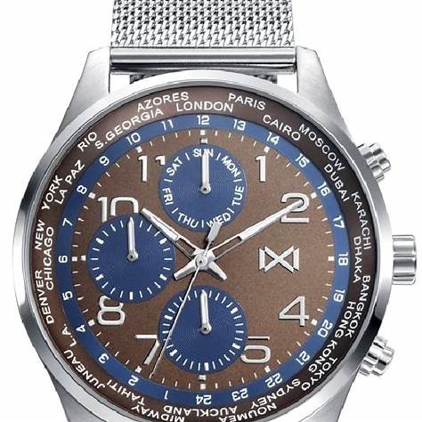 Mark Maddox HM7126-47 Men's Multifunction Watch - Stainless Steel Mesh Bracelet, Brown and Blue Dial