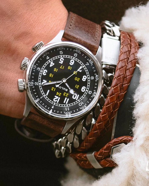 Bulova A-15 Pilot 96A245 Automatic Men’s Watch – Dual Time, Leather Strap
