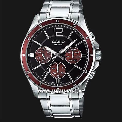 Casio MTP-1374D-5AVDF Herren-Edelstahlarmbanduhr – Schwarzes Zifferblatt, Braune Akzente