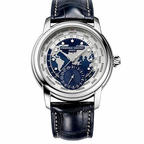 Frederique Constant Classics Worldtimer Manufacture FC-718NWWM4H6 - Cassa in acciaio inossidabile 42 mm, quadrante blu, movimento automatico