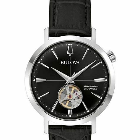 Bulova 96A317 Men's Aerojet Automatic Watch - Stainless Steel Case, Black Leather Strap