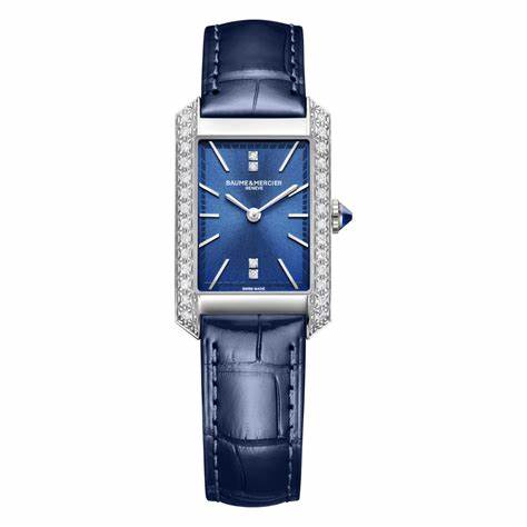 Baume & Mercier Hampton MOA10709 Orologio al quarzo da donna - Cassa in acciaio inossidabile da 35 mm, quadrante blu, lunetta con diamanti incastonati, cinturino in alligatore blu