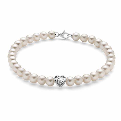 Miluna PBR3190 Bracciale da donna con perle e diamanti, oro bianco, a forma di cuore