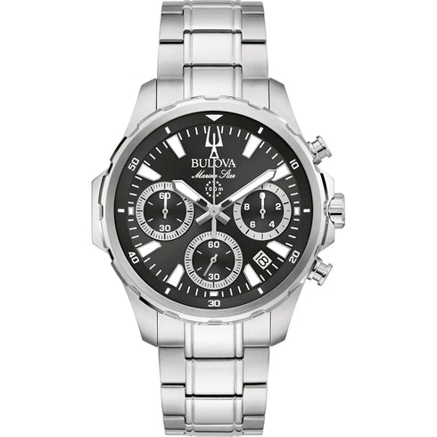 Bulova Marine Star 96B467 Men's Chronograph – 43mm Stainless Steel, Black Dial, Sapphire Crystal, 100M WR