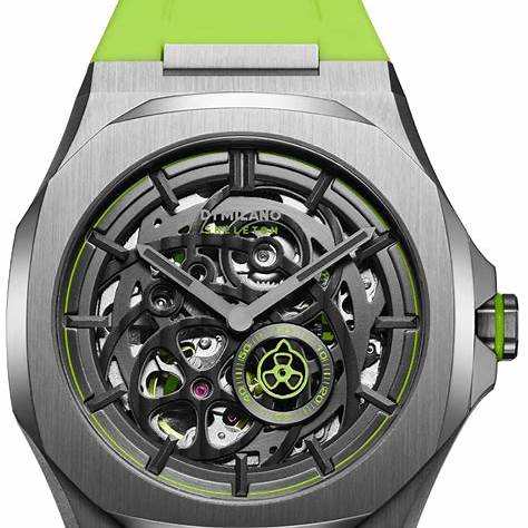 D1 Milano Skeleton Rubber Slice Lime D1-SKRJ15 Orologio da uomo - Acciaio inossidabile color canna di fucile, cinturino in gomma color lime, 41,5mm