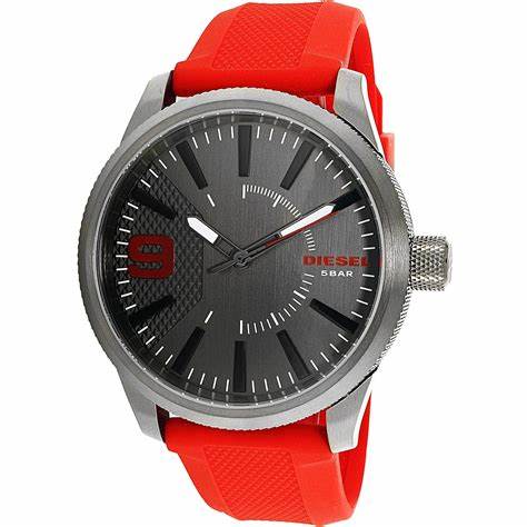 Diesel Rasp DZ1806 Herrenuhr - Graues Zifferblatt, Rotes Silikonarmband