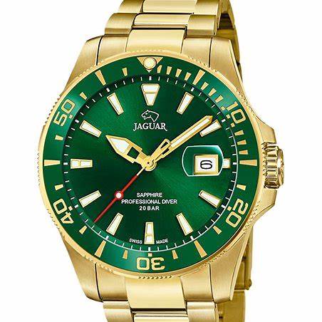 Jaguar Schweizer Quarz-Taucheruhr für Herren - Modell J877/2, goldfarbener Edelstahl, grünes Zifferblatt