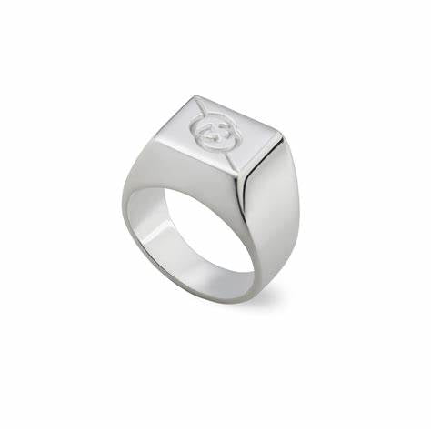 Gucci Tag Sterling Silver Square Signet Ring with Interlocking G Logo - Size 6