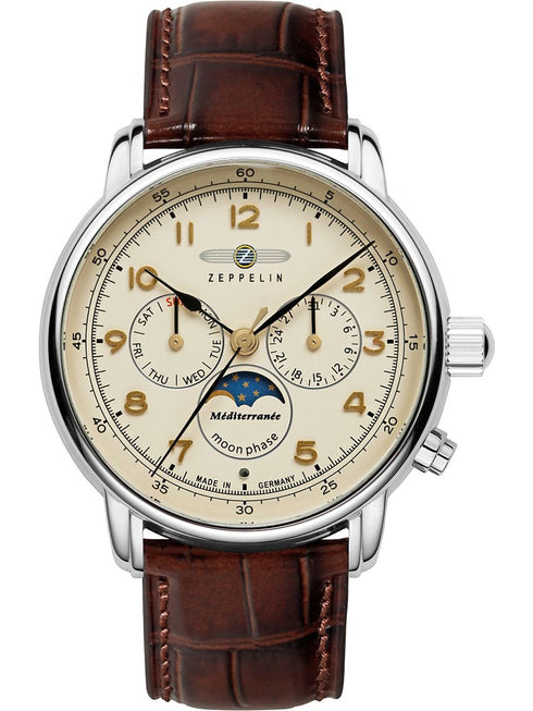 Zeppelin 9636-5 Méditerranée Moonphase Watch - Beige Dial, Brown Leather