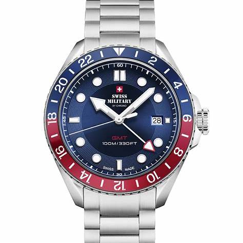 Swiss Military SM34095.03 Men's GMT Quartz Watch - Stainless Steel with Blue Dial