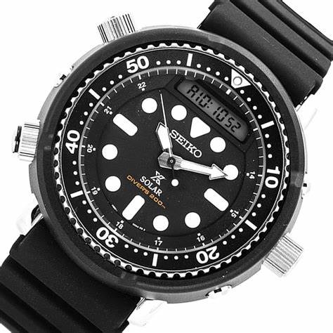 Seiko Prospex SNJ025P1 Reloj de buceo solar para hombre - Esfera negra, correa de silicona, pantalla analógica-digital