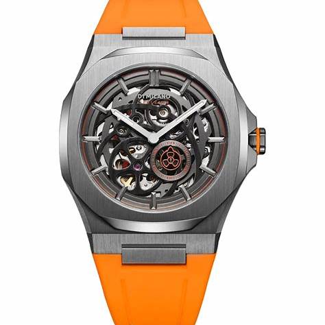D1 MILANOD1 Milano Skeleton Slice Orange SKRJ16 Unisex Watch - Silver Stainless Steel, Skeleton Dial, Orange Rubber Strap, 41.5mmWATCHESEcecile