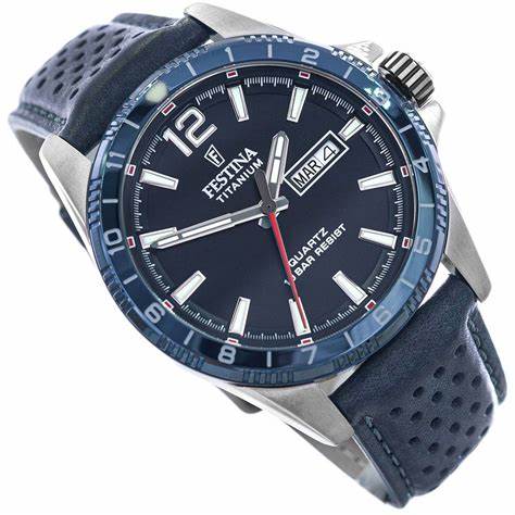 Festina Titanium Date F20699/2 Men’s 43 mm Quartz Watch – Blue Dial, Day/Date, Titanium Case & Leather Str