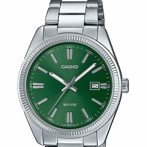 Casio MTP-1302PGC-3AVEF Herren Analog Uhr – Grünes Zifferblatt mit goldfarbenem Edelstahlarmband