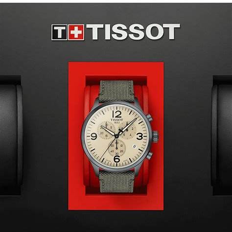 Tissot Chrono XL Men's Watch - Beige Dial, Grey PVD Case, Green Fabric Strap