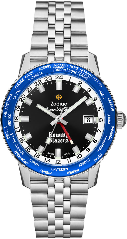 Zodiac x Rowing Blazers Super Sea Wolf GMT World Time ZO9414 Men's Automatic Watch - Black Dial, Stainless Steel Bracelet