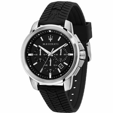 Maserati Successo Men's Chronograph Watch - R8871621014, Black Dial, Silicone Strap,