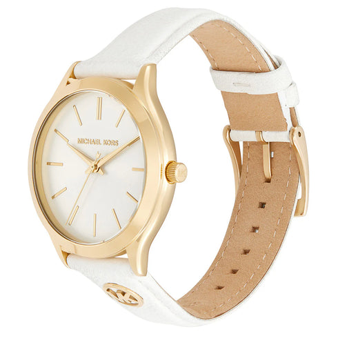 Michael Kors MK7466 Orologio da donna Slim Runway in oro, cinturino in pelle bianca