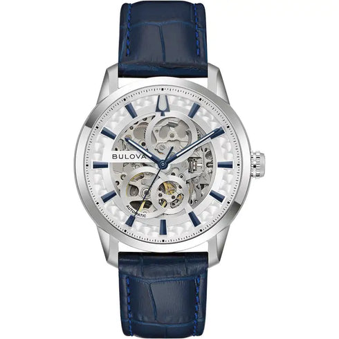 Bulova 96A330 Sutton Skeleton Automatic – Silver Dial, Blue Leather Strap