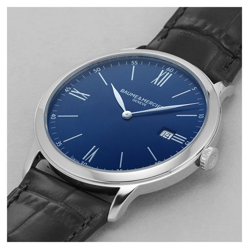 Baume & Mercier Classima MOA10324 Reloj de cuarzo para hombre, esfera azul, correa de piel negra