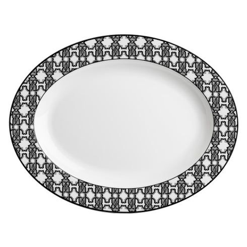 Roberto Cavalli Monogram Black Oval Plate 36 cm