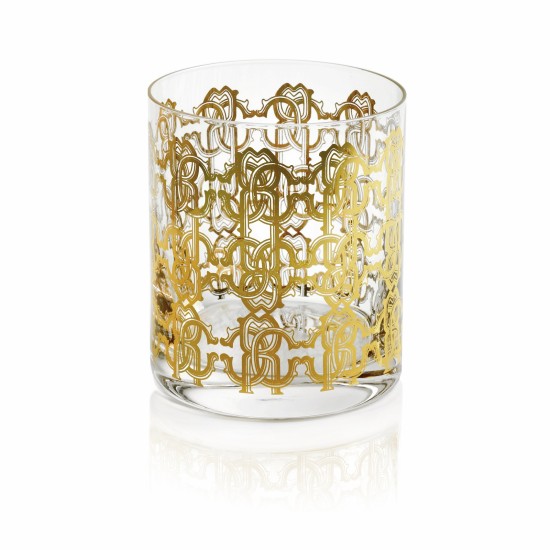 Roberto Cavalli New Monogram Gold Set 2 Old Fashion Glass - T1