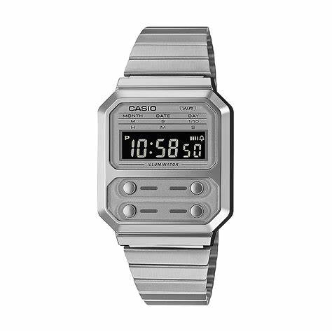 Casio A100WE-7BEF Unisex Digitaluhr - Silberfarbener Edelstahl, Retro-Design