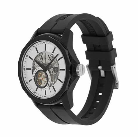 Armani Exchange AX1726 Men's Automatic Watch - Black Silicone Strap, Skeleton Dial