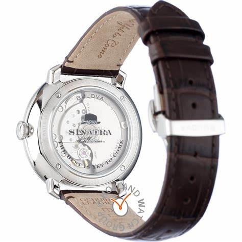 Bulova Frank Sinatra Collection 96B359 Men's Automatic Watch - 40mm Silver Stainless Steel, Brown Leather Strap, 3 ATM