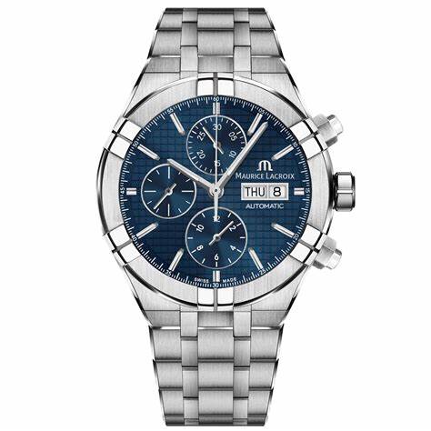 Maurice Lacroix AI6038-SS002-430-1 Men's Aikon Automatic Chronograph 44mm Watch, Blue Dial, Stainless Steel Bracelet