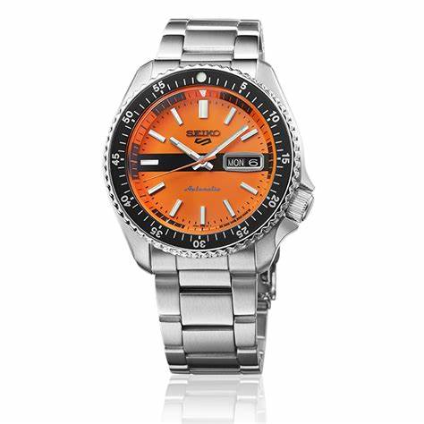 Seiko 5 Sports SRPK11K1 Orologio automatico da uomo, quadrante arancione, bracciale in acciaio inox