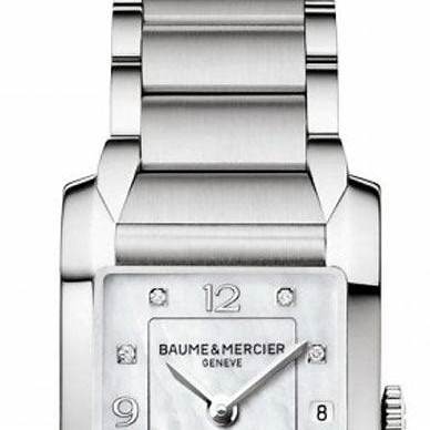 Baume & Mercier Hampton 10050 Reloj de cuarzo para mujer, esfera nacarada, índices con diamantes, brazalete de acero