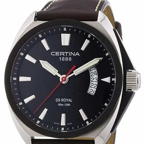 Orologio da uomo Certina DS Royal, quadrante nero, cinturino in pelle marrone