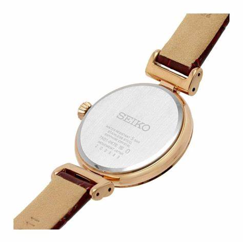 Seiko SRZ548P1 Women's Quartz Watch, Rose Gold-Tone Case, Brown Leather Strap