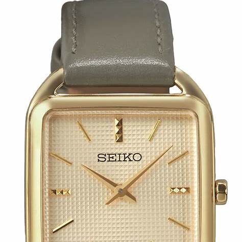 Seiko SWR090P1 Damen-Quarzuhr, Beiges Zifferblatt, Goldfarbenes Gehäuse, Graues Lederarmband