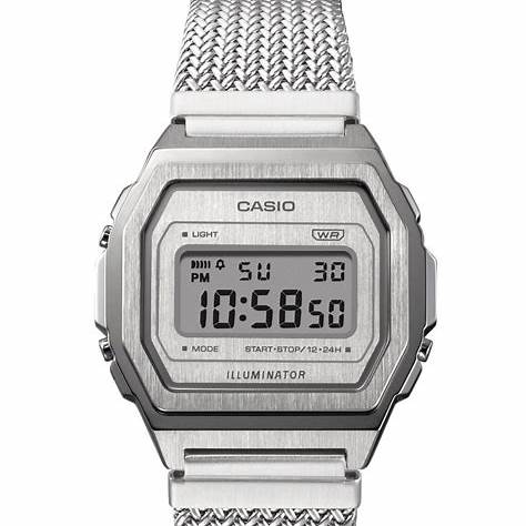 Casio A1000MA-7EF Reloj digital vintage unisex, correa de malla de acero inoxidable plateada