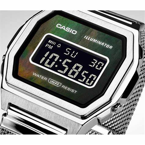 Casio A1000M-1BEF Vintage Iconic Unisex Watch – Mother of Pearl Dial, Stainless Steel Mesh Band, LED Backlight, 3 ATM Water Resistant