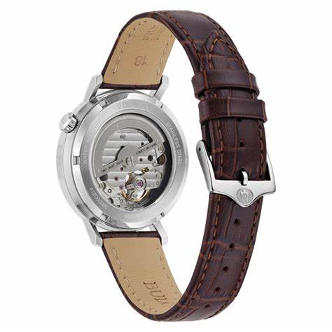 Bulova 96A318 Men's Automatic Watch - 38mm Stainless Steel Case, Gray Dial with Open Aperture, Brown Leather Strap