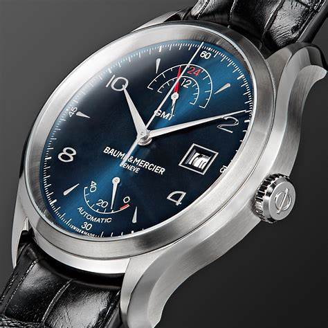 Baume & Mercier Clifton 10316 Orologio automatico GMT da uomo - Quadrante blu 43 mm, indicatore della riserva di carica, cinturino in alligatore nero