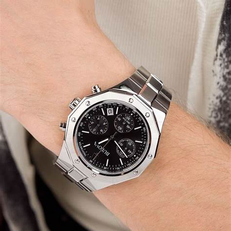 Bulova 96B410 Precisionist Chronograph Herrenuhr - 44 mm Edelstahlgehäuse, schwarzes Zifferblatt, Edelstahlarmband