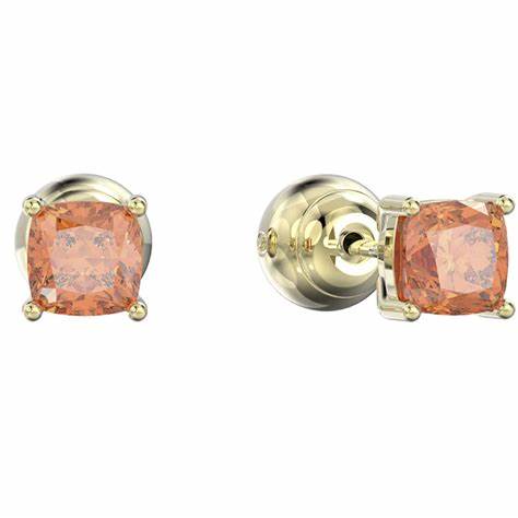 Swarovski 5639123 Stilla Cushion Cut Stud Earrings - Orange Crystals, Gold-Tone Plated