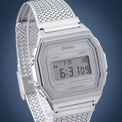 Casio A1000MA-7EF Reloj digital vintage unisex, correa de malla de acero inoxidable plateada