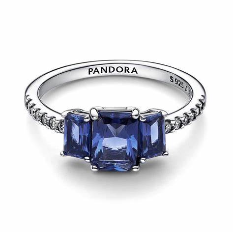 Pandora 192389C01-54 Blue Rectangular Three Stone Sparkling Ring - Size 54