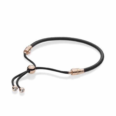 Pandora 588059CBK-2 Moments Black Leather Slider Bracelet - 14k Rose Gold-Plated, 28cm