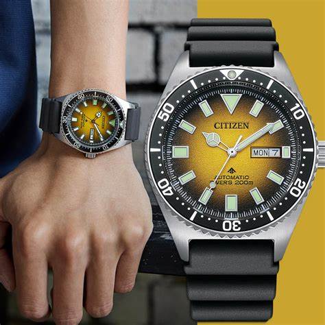 Citizen NY0120-01X Men's Promaster Diver Automatic Watch, Yellow Dial, Black Rubber Strap