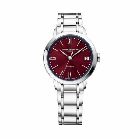 Baume & Mercier Classima MOA10691 Reloj Automático Mujer - 34mm Esfera Borgoña, Brazalete Acero